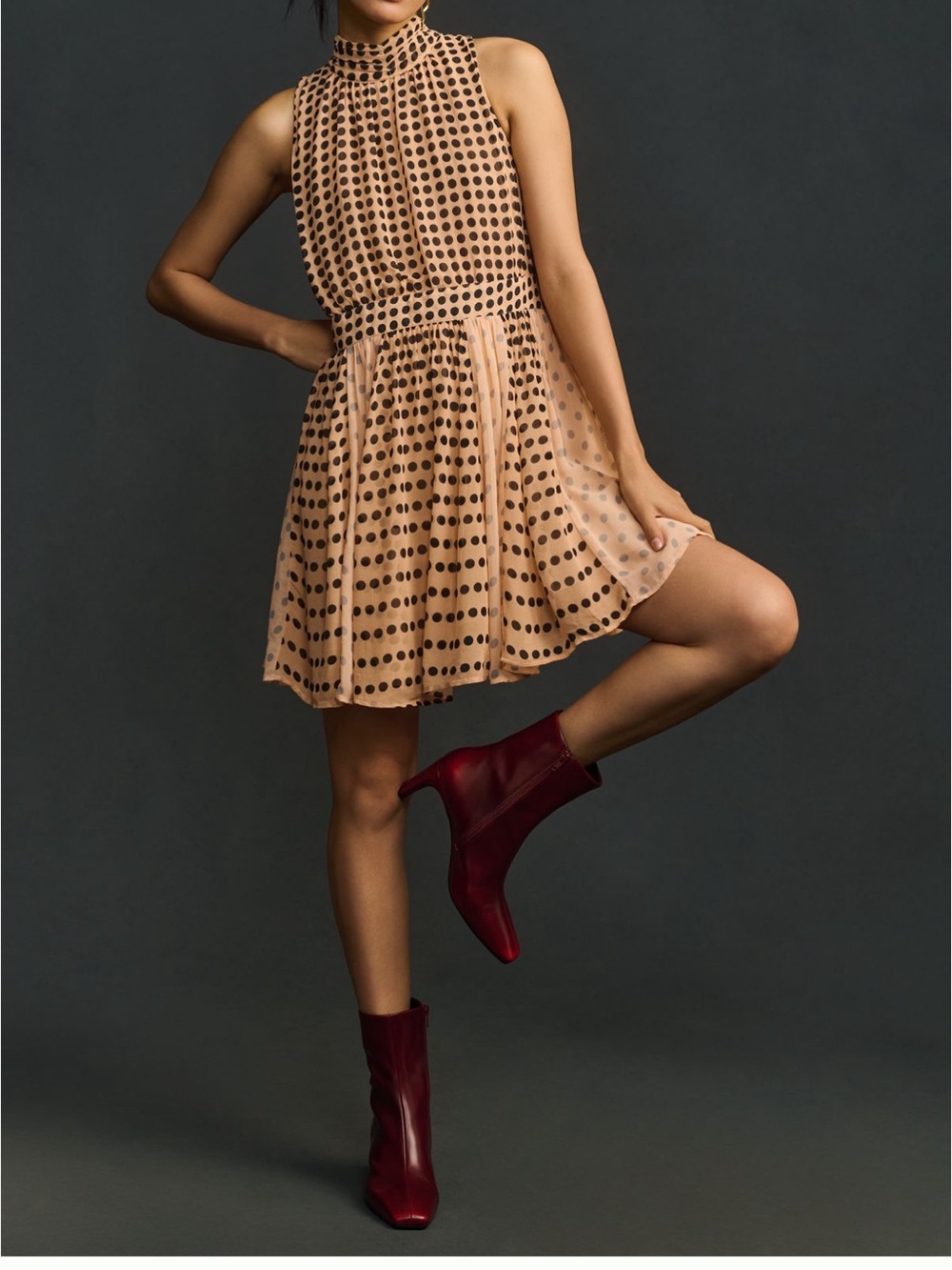 Anthropologie Pink Polka Dot Sleeveless High-Neck Dress